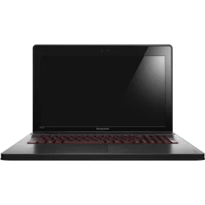 a black laptop with red keyboard